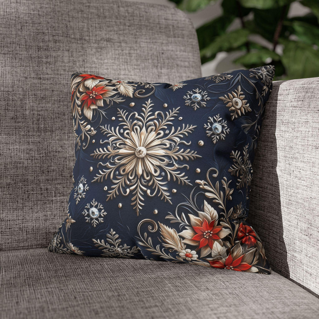 Snowflake Holiday Pillowcase, Silver, Gold  & Blue Christmas Decorative Throw Cushion Cover