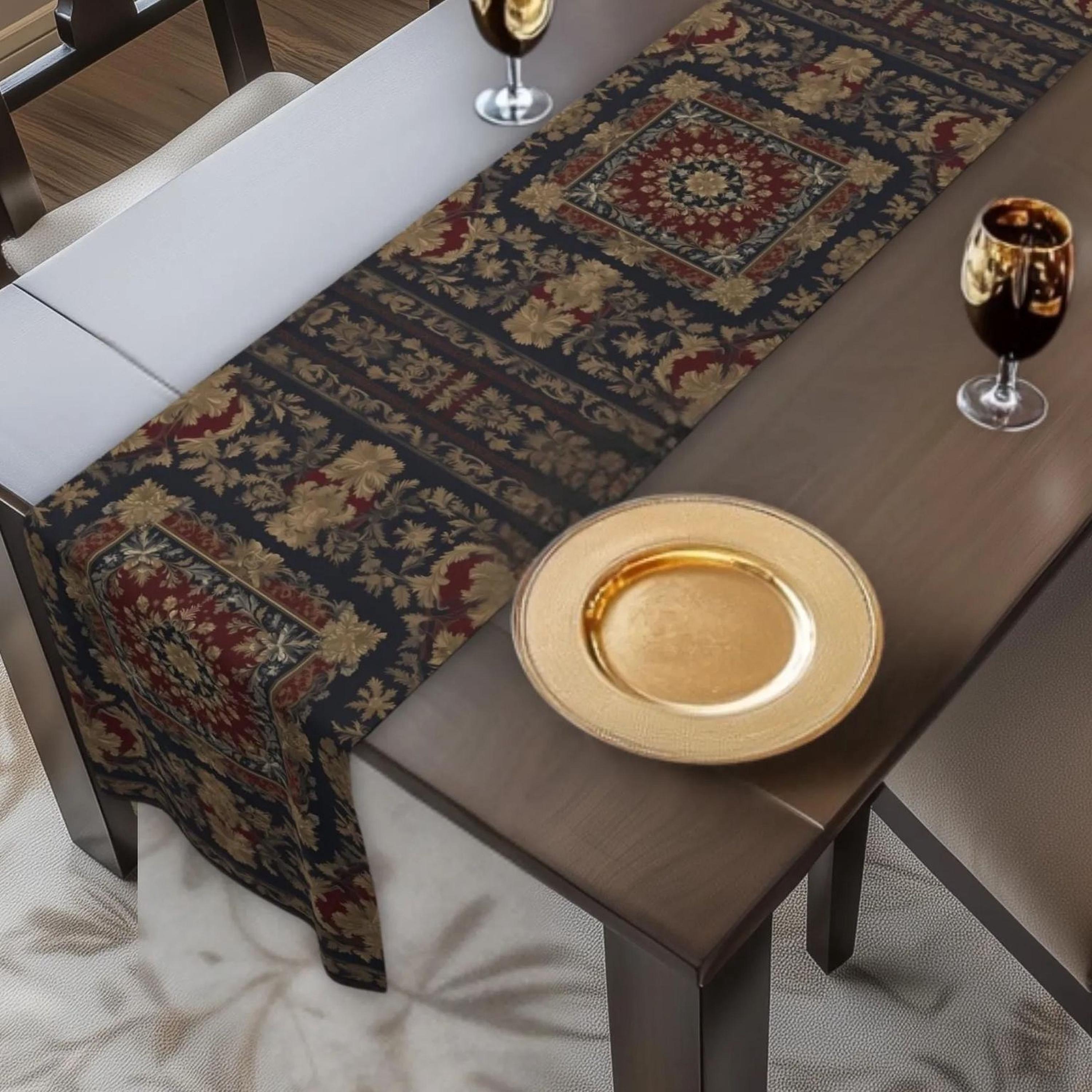 Elegant Vintage-Inspired Table Runner: Gold, Burgundy & Navy Luxury Design Antique-Style Home Decor