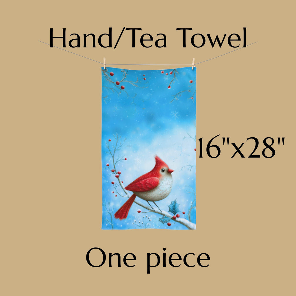 Winter Cardinal Bird Hand Towel: Frosty Blue Holiday Tea Towel