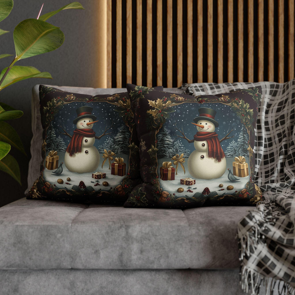 Vintage Style Holiday Pillow Cover: Burgundy and Gold Christmas Snowman Design