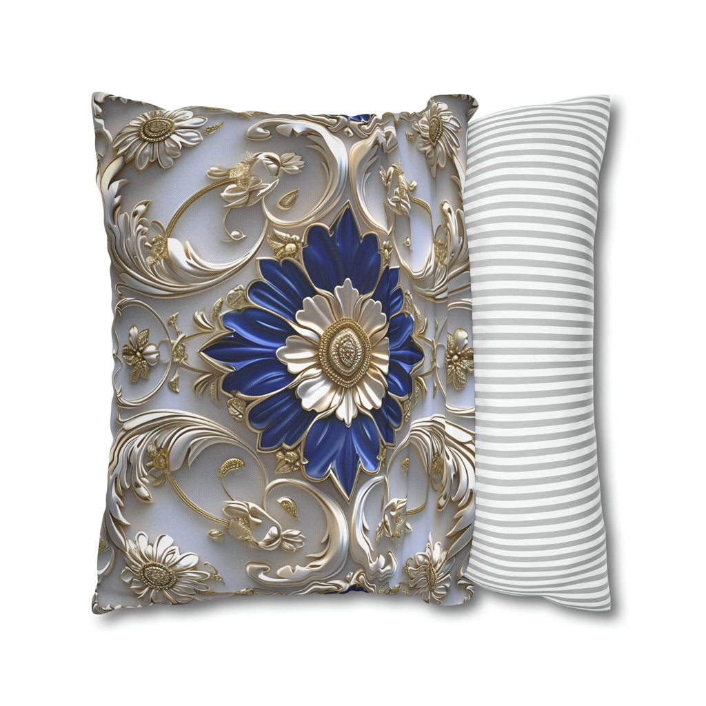 Baroque Floral Throw Pillow Cover: Cobalt Blue, Silver-Gray & Gold Accents, Elegant Cushion Case