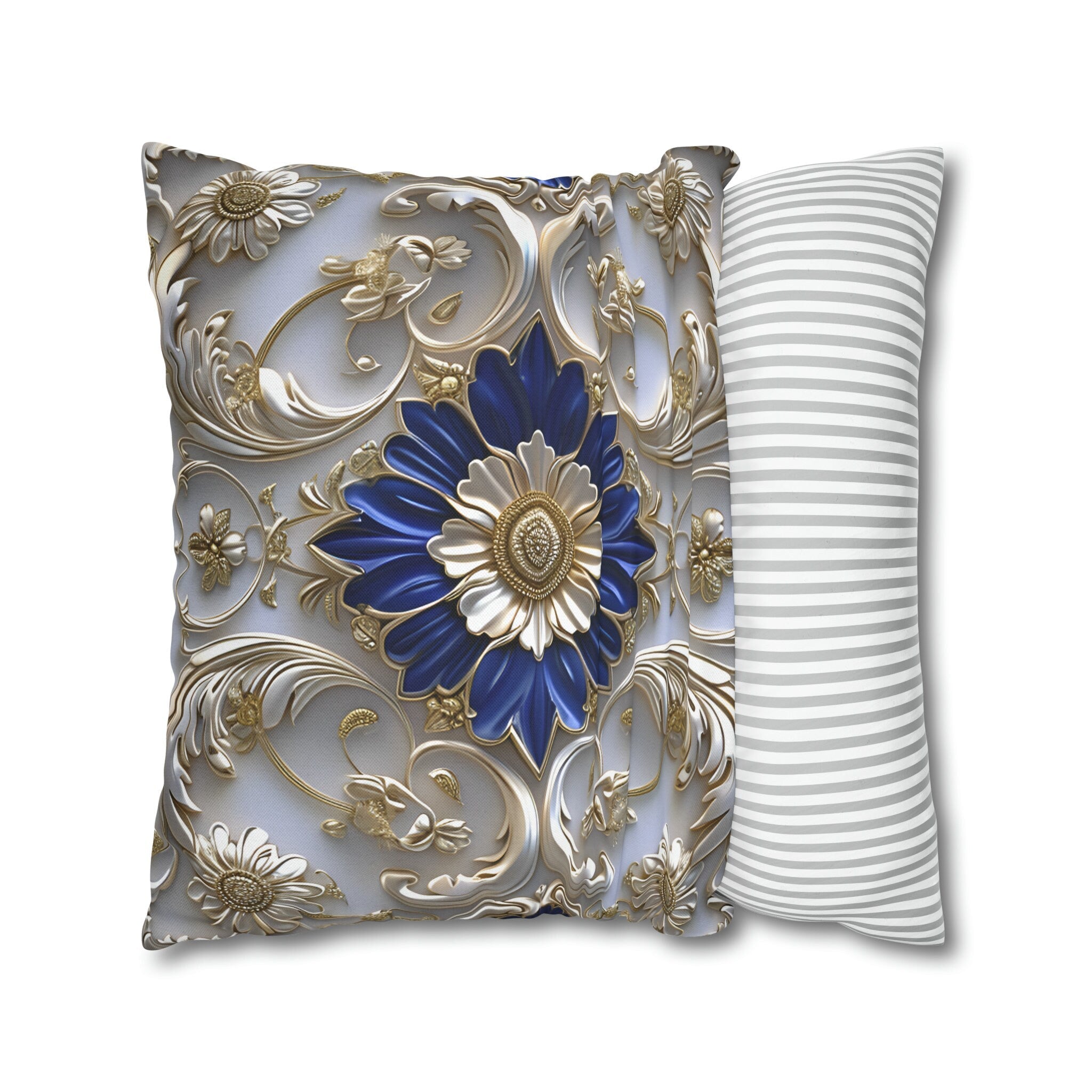 Baroque Floral Throw Pillow Cover: Cobalt Blue, Silver-Gray & Gold Accents, Elegant Cushion Case