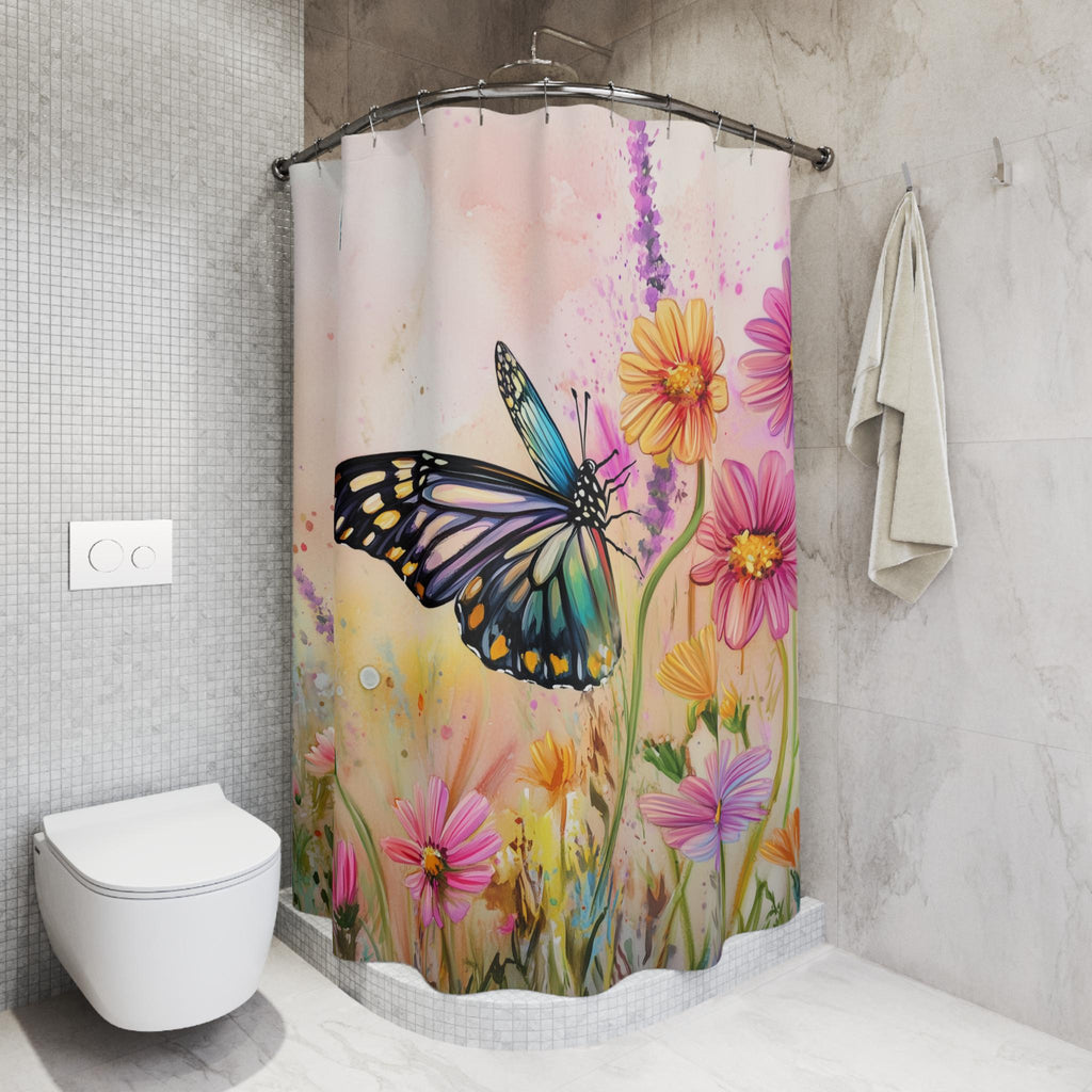 Colorful Butterfly Garden Fabric Shower Curtain: Watercolor Spring Wildflowers on Pastel Background