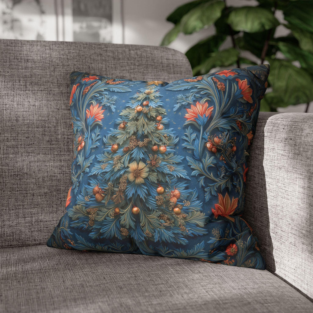 William Morris Inspired Christmas Tree Pillow Cover: Vintage Floral Holiday Design in Navy & Copper