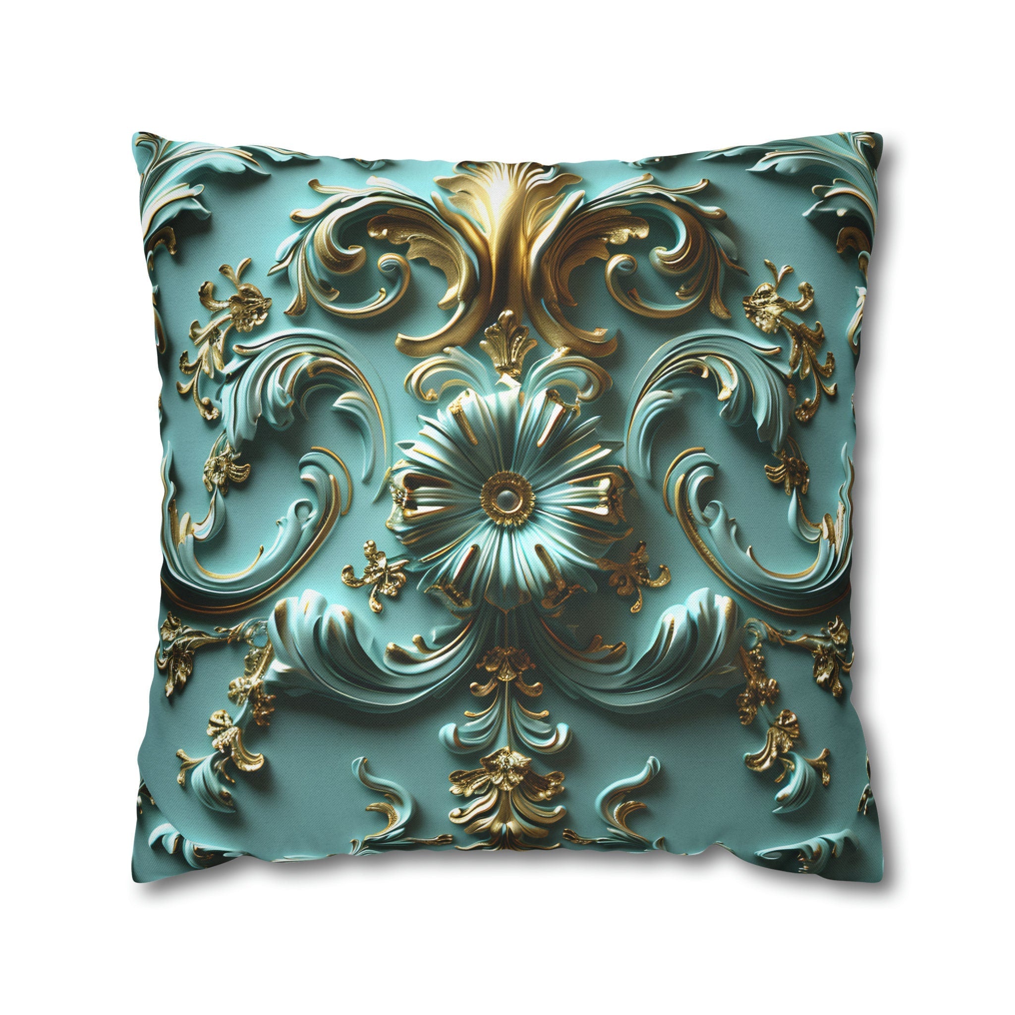 Luxurious Baroque Teal & Gold Floral Throw Pillow Cover | Elegant Scrollwork Design for Dramatic Decor