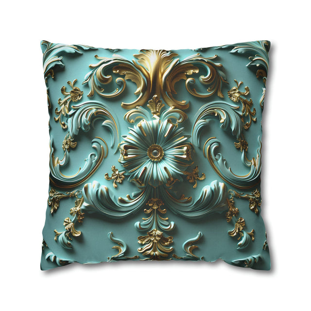 Luxurious Baroque Teal & Gold Floral Throw Pillow Cover | Elegant Scrollwork Design for Dramatic Decor