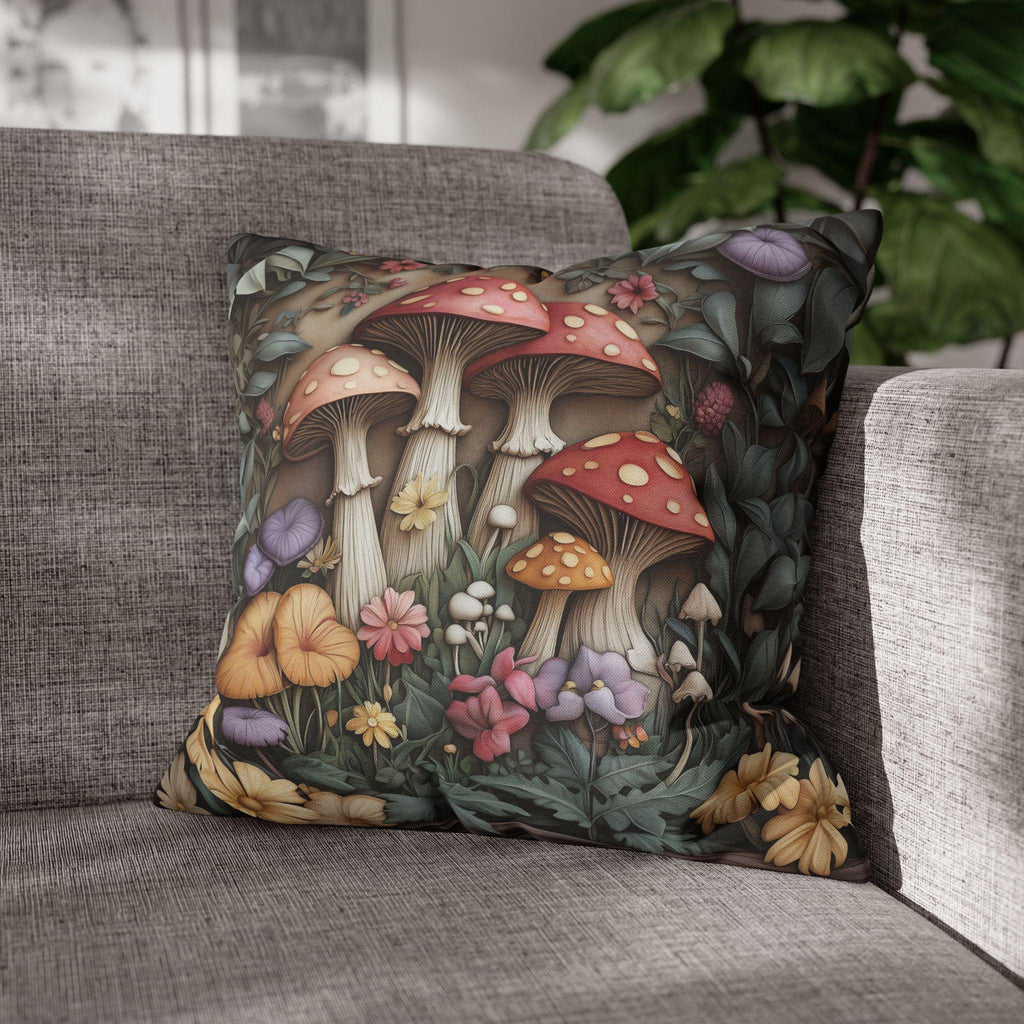 Whimsical Mushroom Pillow Cover: William Morris Inspired Forest Botanical Art Cushion Case