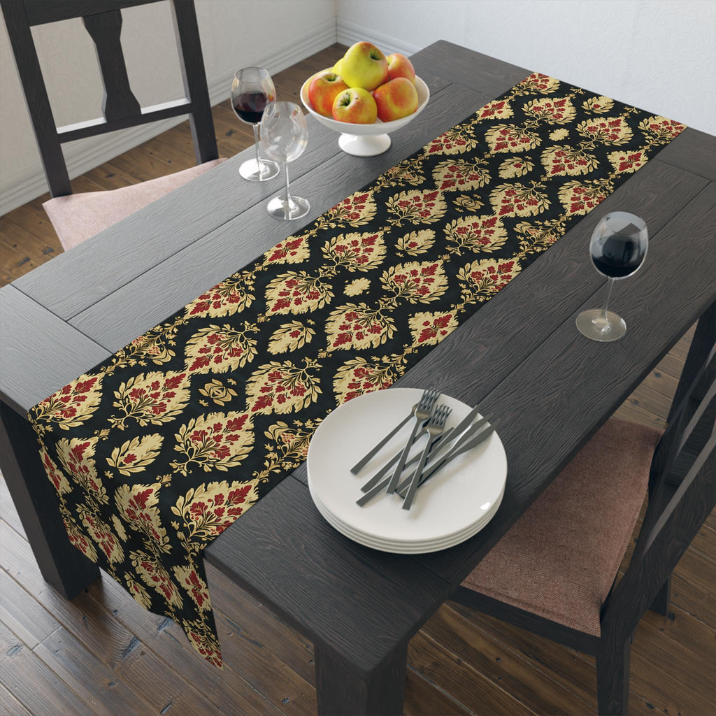 Elegant Ikat Christmas Table Runner: Red Green Gold