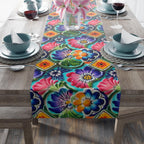 Mexican Table Runner: Botanical Folk Art on Aqua Background