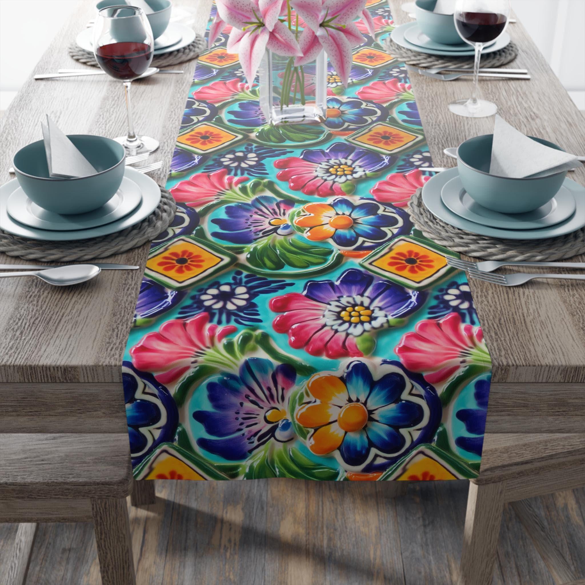Mexican Table Runner: Botanical Folk Art on Aqua Background