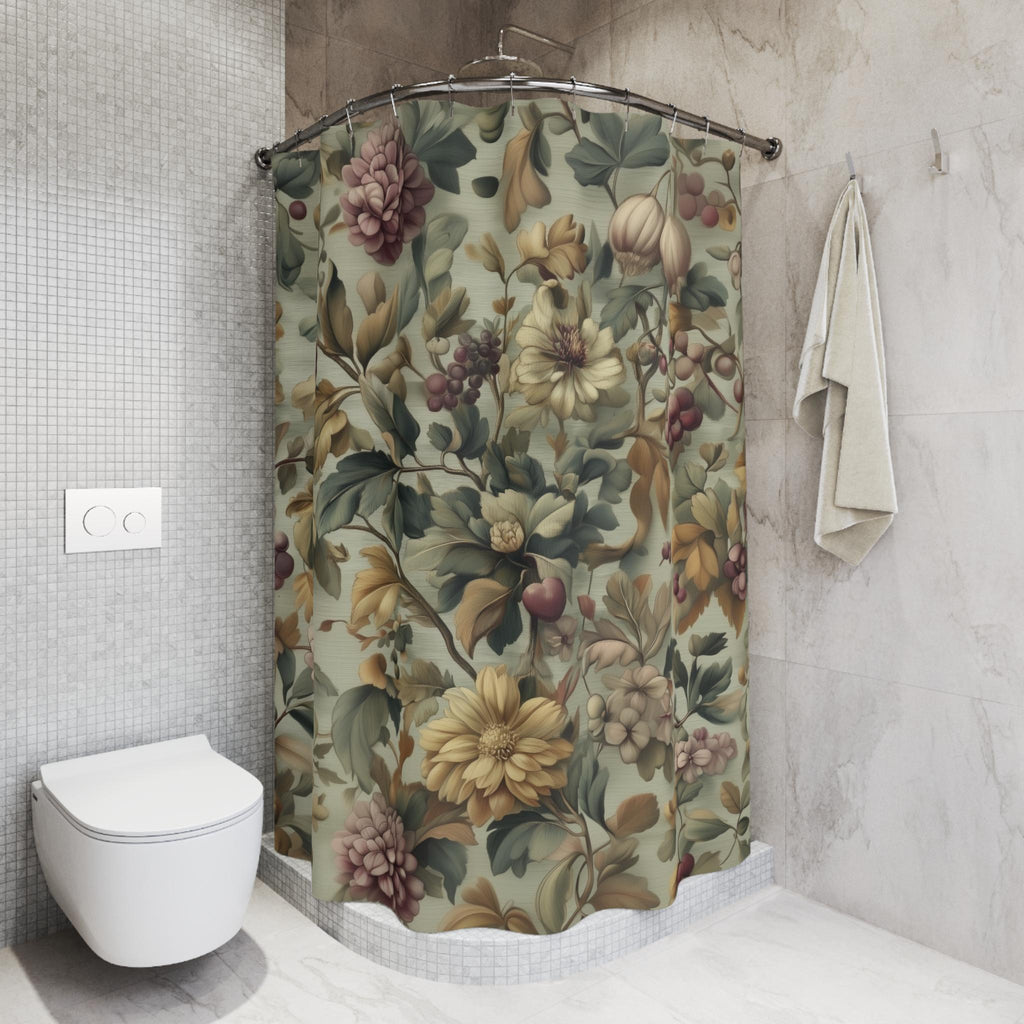 William Morris Inspired Fall Botanical Shower Curtain: Sage Mint, Wine, Wheat