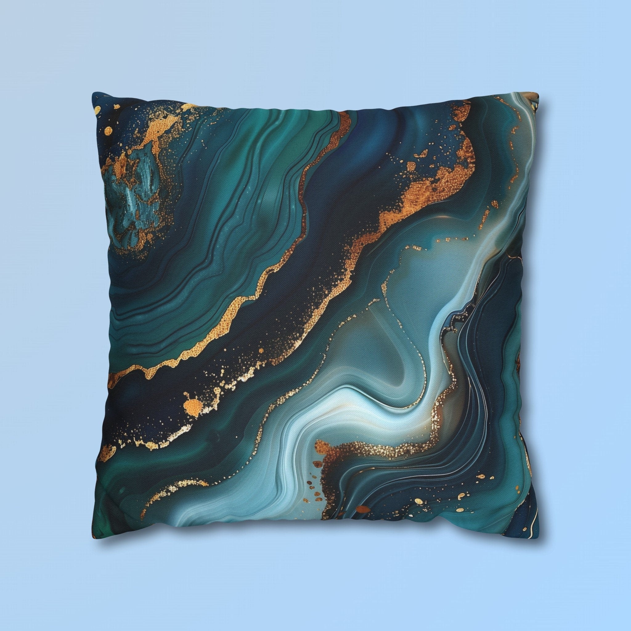 Ocean Waves Pillow Cover: Teal Navy & Gold Accent Cushion