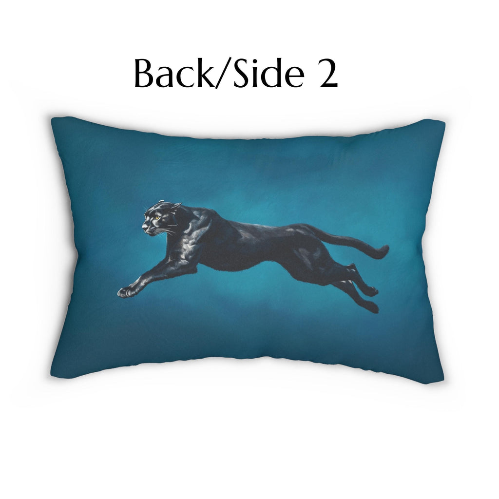 Midnight Pounce Lumbar Pillow: Black Puma on Sapphire-Blue Jewel Tone
