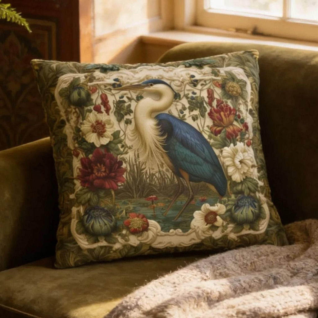 William Morris Style Heron Pillow Cover: Botanical Marsh Floral Art