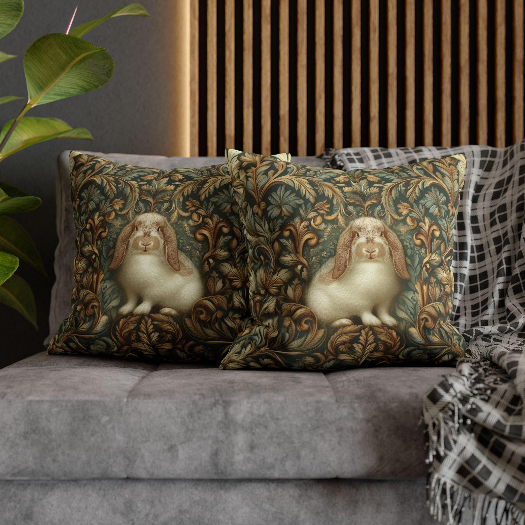 William Morris Woodland Botanical Pillow Cover: American Fuzzy Lop Rabbit