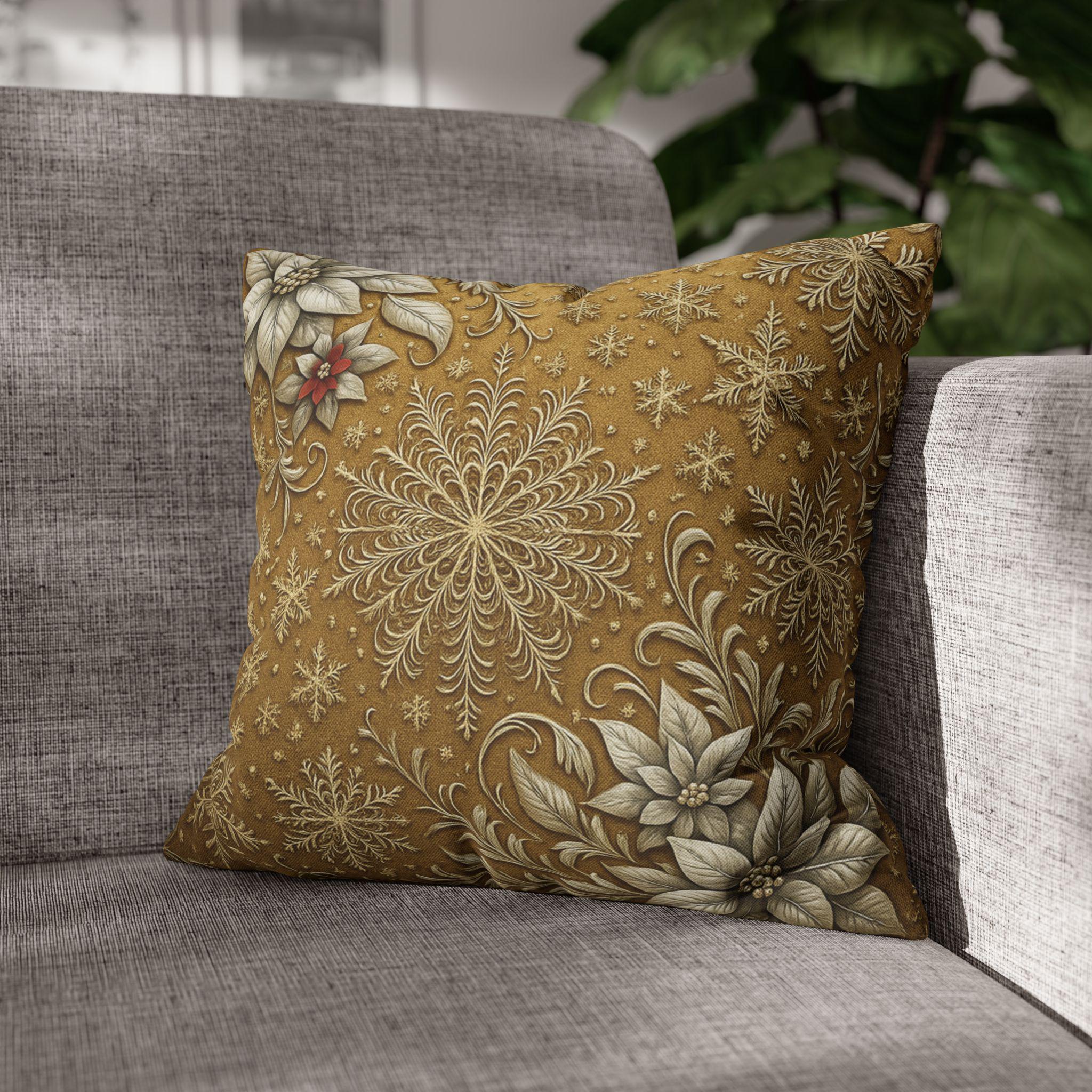 Elegant Vintage Inspired Pillow Cover: Silver Poinsettia and Snowflakes on a Rich Golden Background