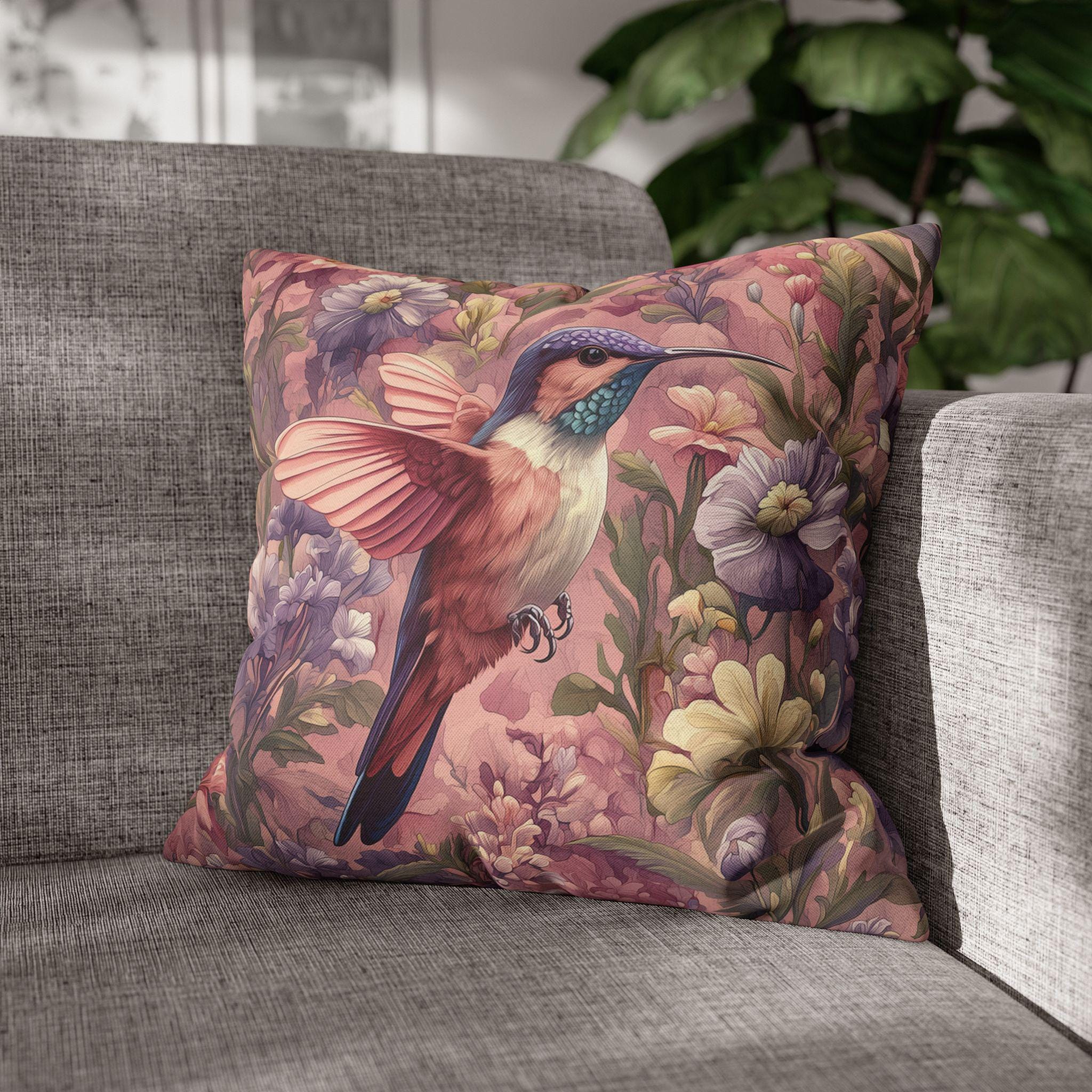 Vintage Style Blush Hummingbird Pillow Cover: William Morris Pink Botanical Floral Cushion Accent