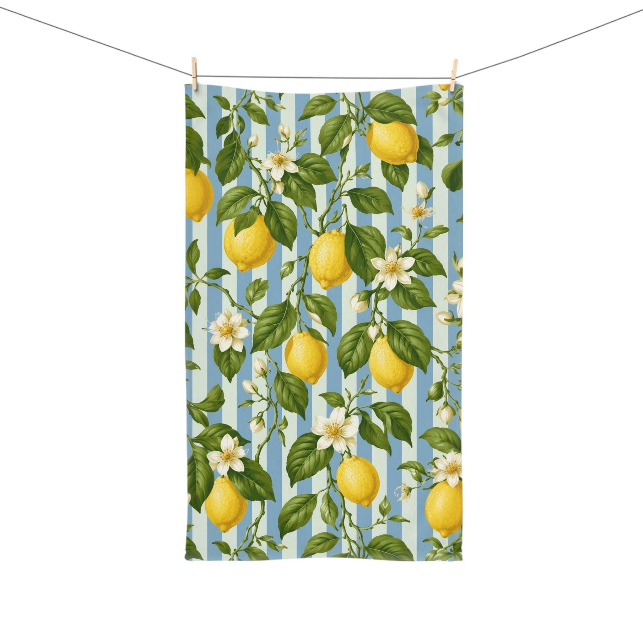 Lemon Soft Blue Stripe Hand Towel: with Green Leaves and White Florals