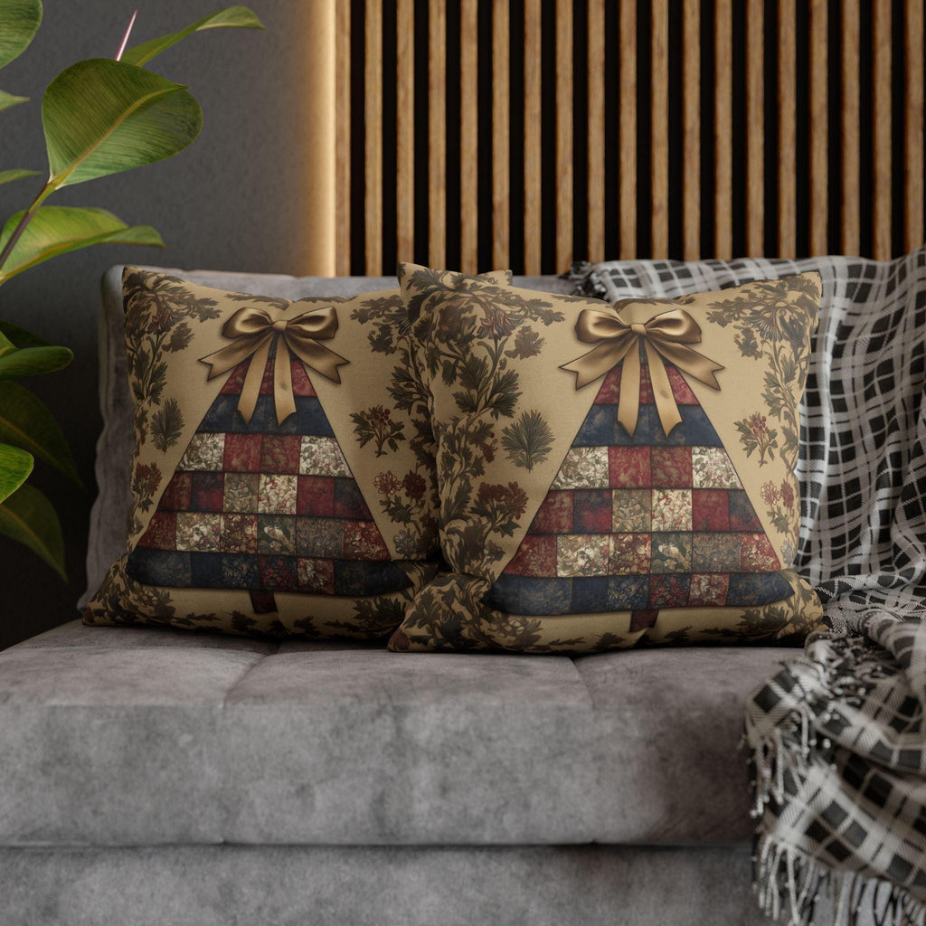 William Morris Christmas Tree Pillow Cover: Quilted Look Navy, Red & Gold Botanicals