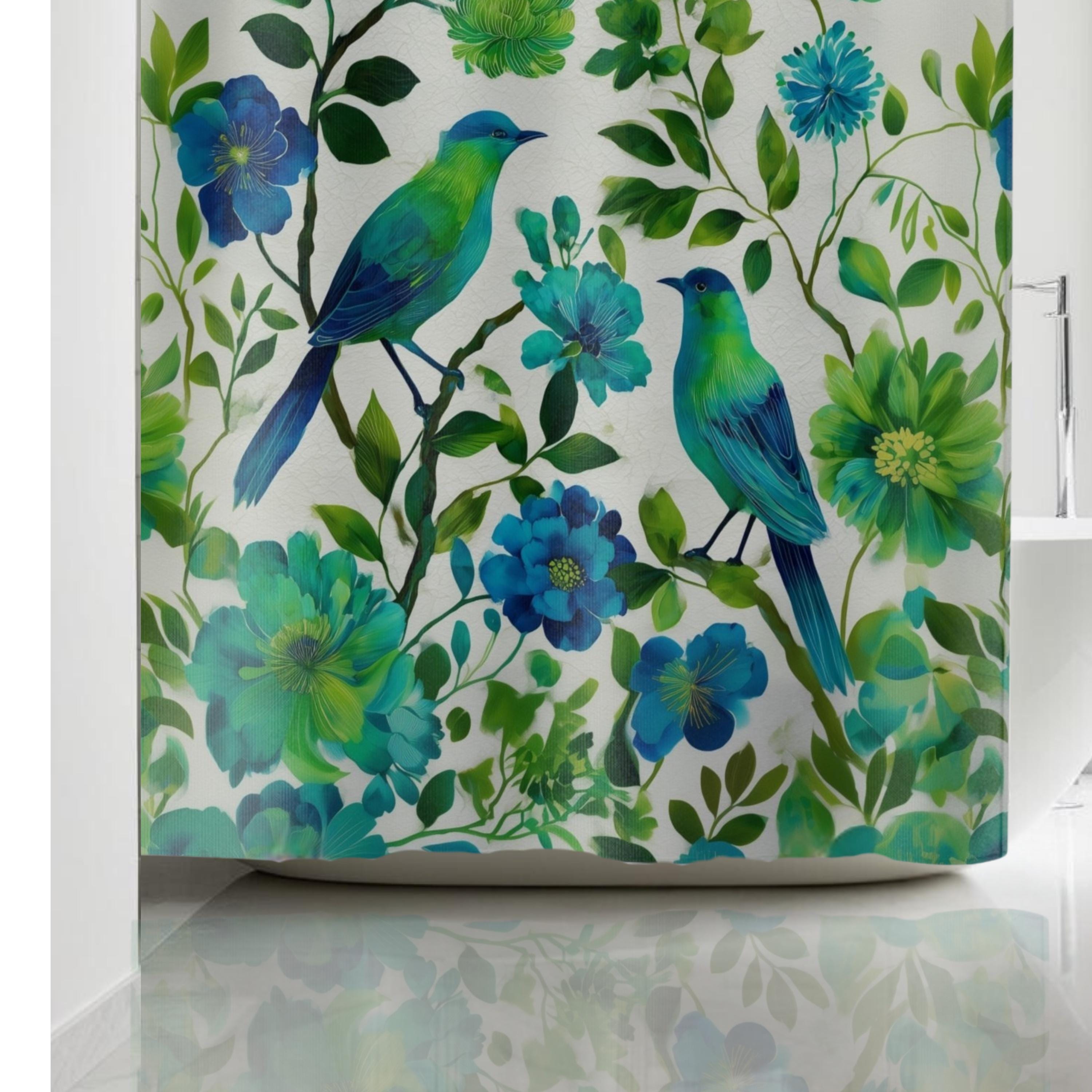 Elegant Chinoiserie Shower Curtain: Blue-Green Birds & Blossoms for Nature-Inspired Bath Decor