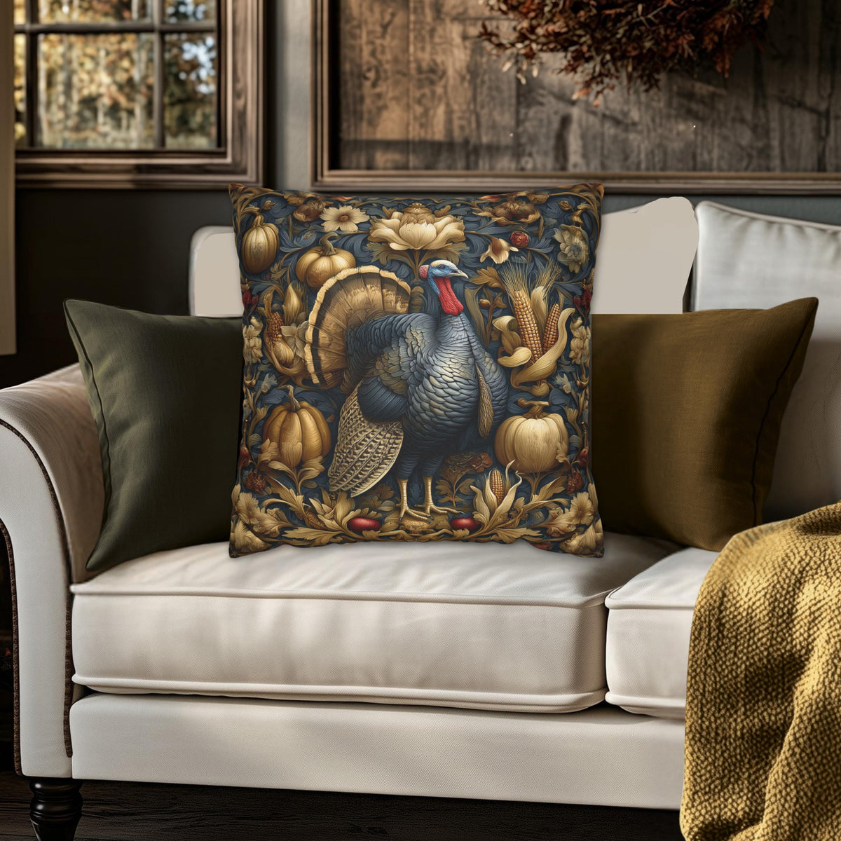 William Morris Autumn Pillow Cover: Botanical Thanksgiving Turkey Decor, Grey-Blue and Gold