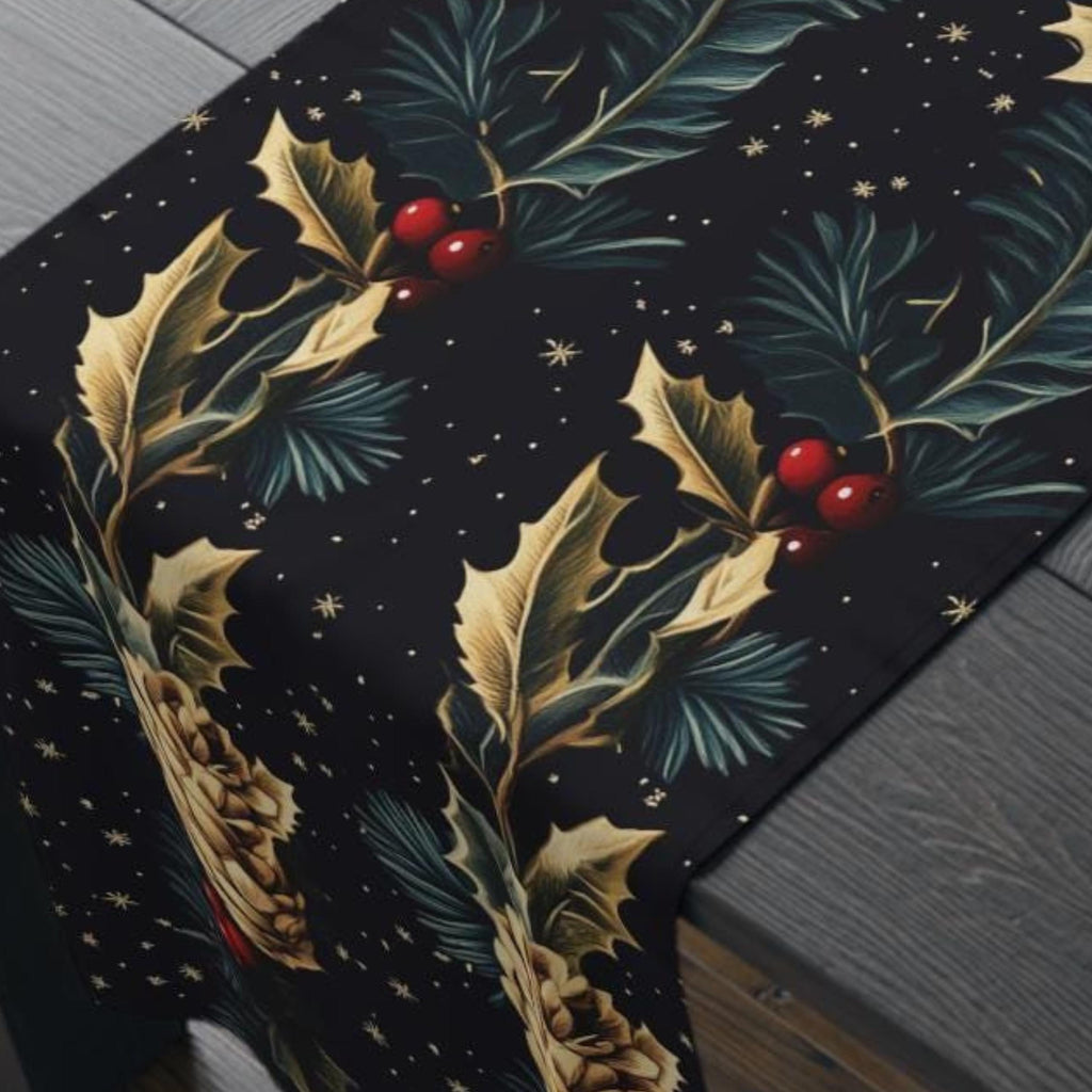 Pinecone & Holly Table Runner: William Morris Inspired Gold and Red Holiday Decor