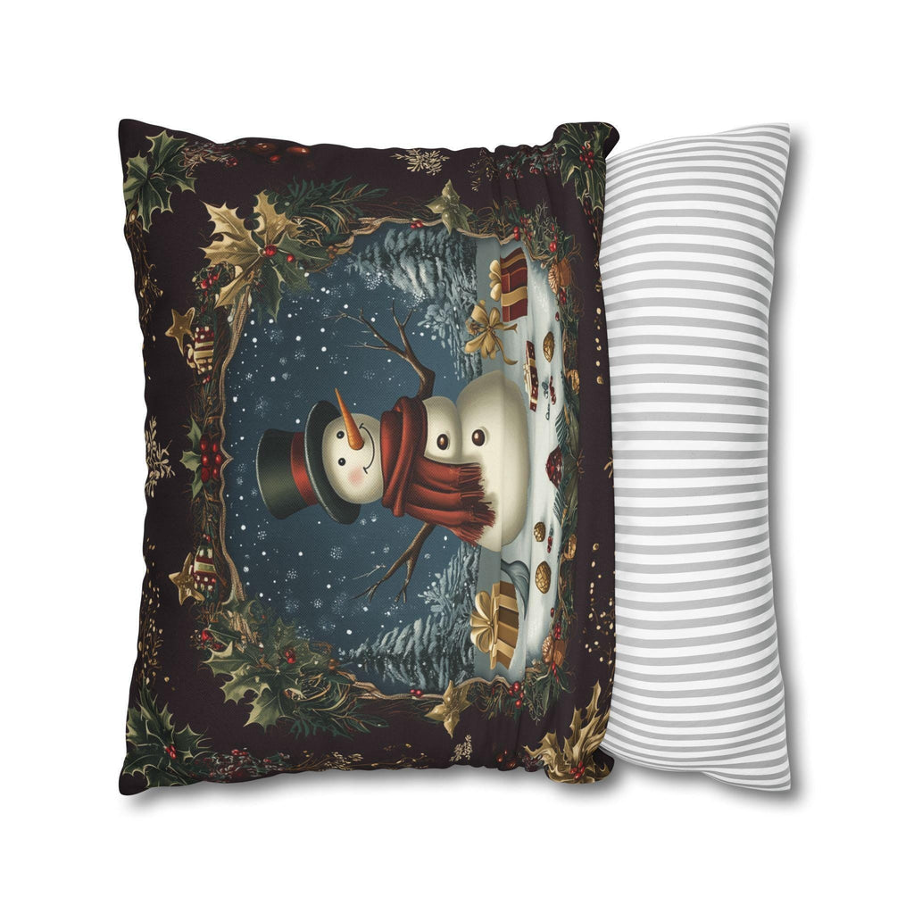 Vintage Style Holiday Pillow Cover: Burgundy and Gold Christmas Snowman Design