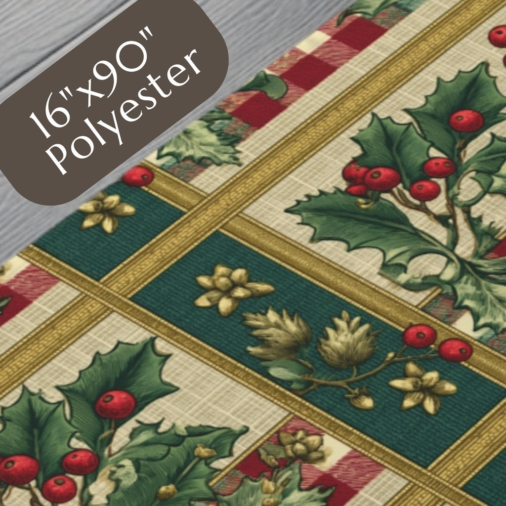 Gingham & Holly Christmas Table Runner: Classic Vintage Holiday Style with Stripes