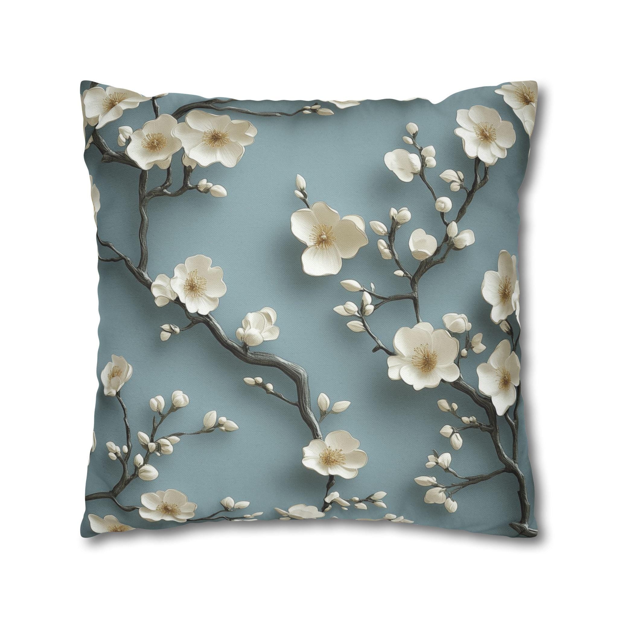 Elegant Chinoiserie Pillowcase: Blue-Teal Gradient Cherry Blossom Design for Home Decor