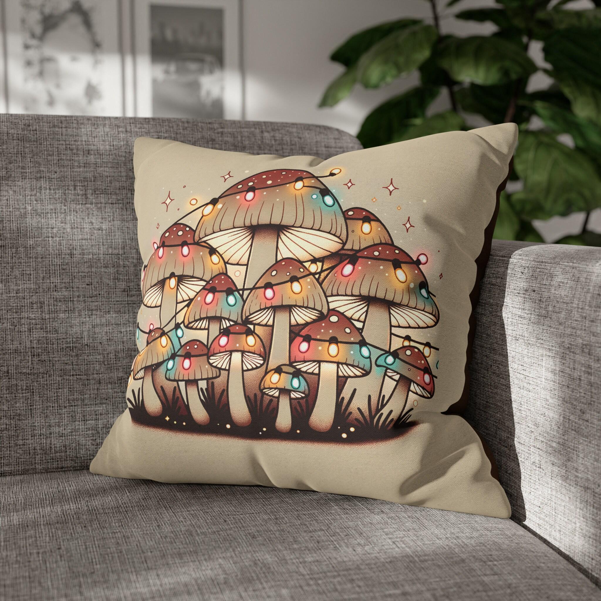 Whimsical Mushrooms Adorned with Colorful Christmas Lights: A Unique Throw Pillow Cover for the Holidays