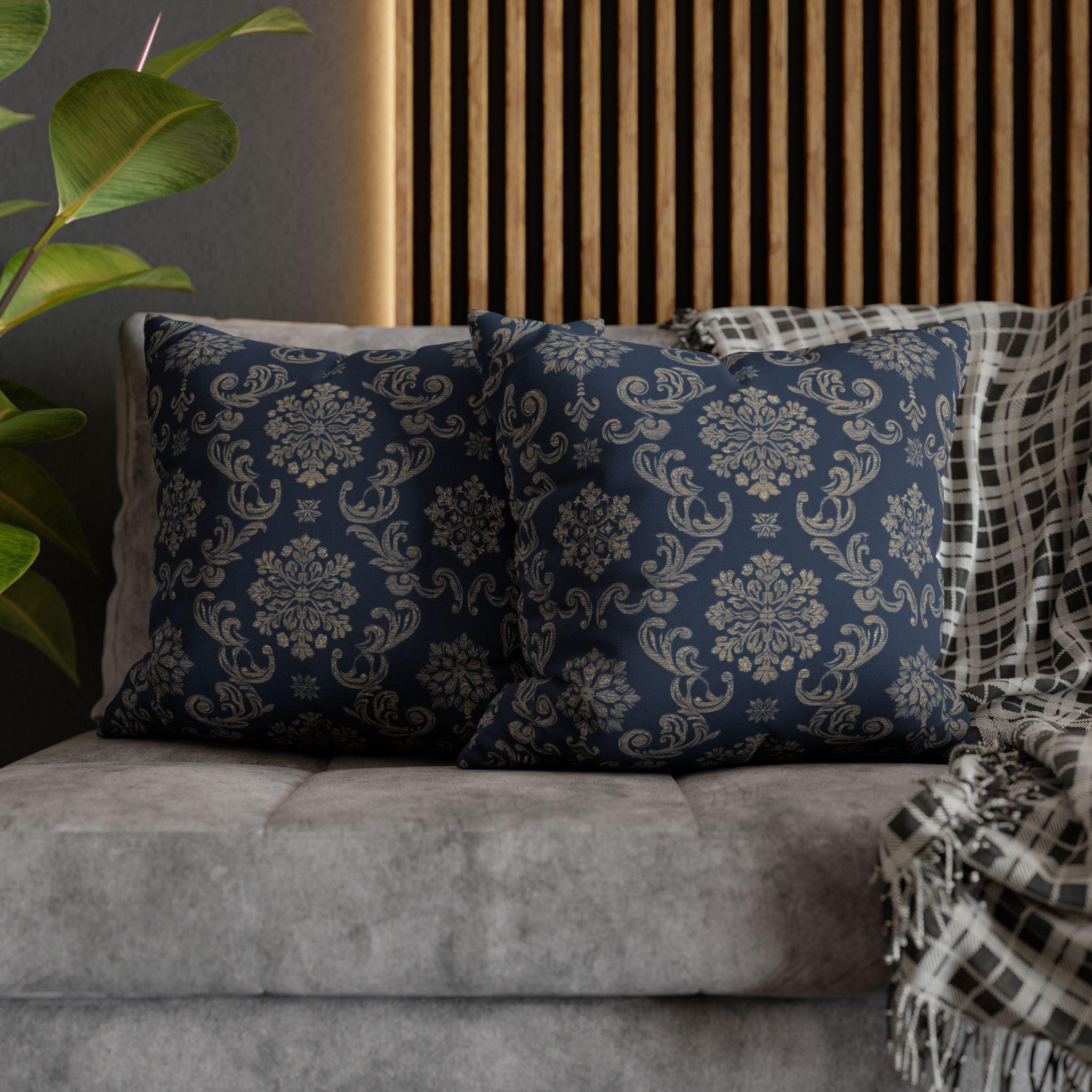 Elegant Silver Snowflake Pillow Cover: Deep Blue Holiday Decor