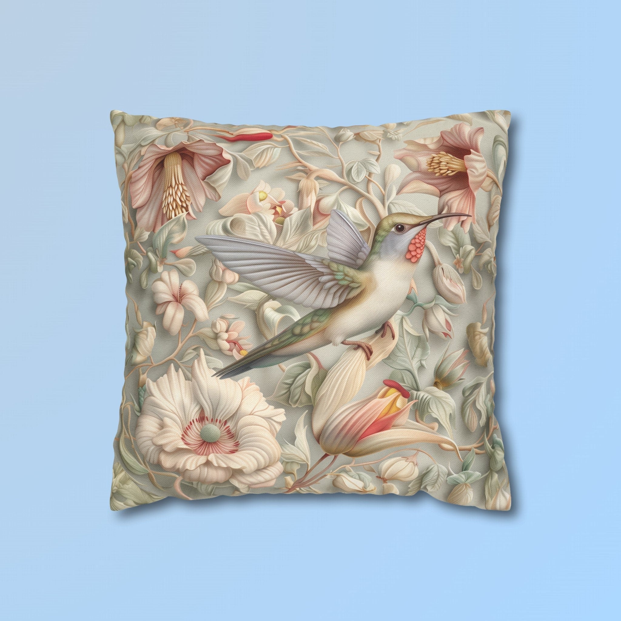 William Morris Hummingbird Pillow Cover: Vintage Style Floral Art, Pastel Green
