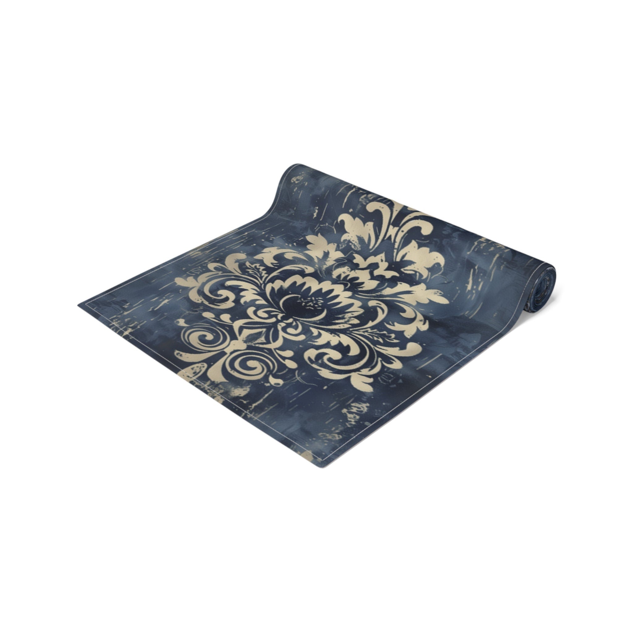 Navy Blue and Gold Damask Table Runner: Farmhouse Chic Decor