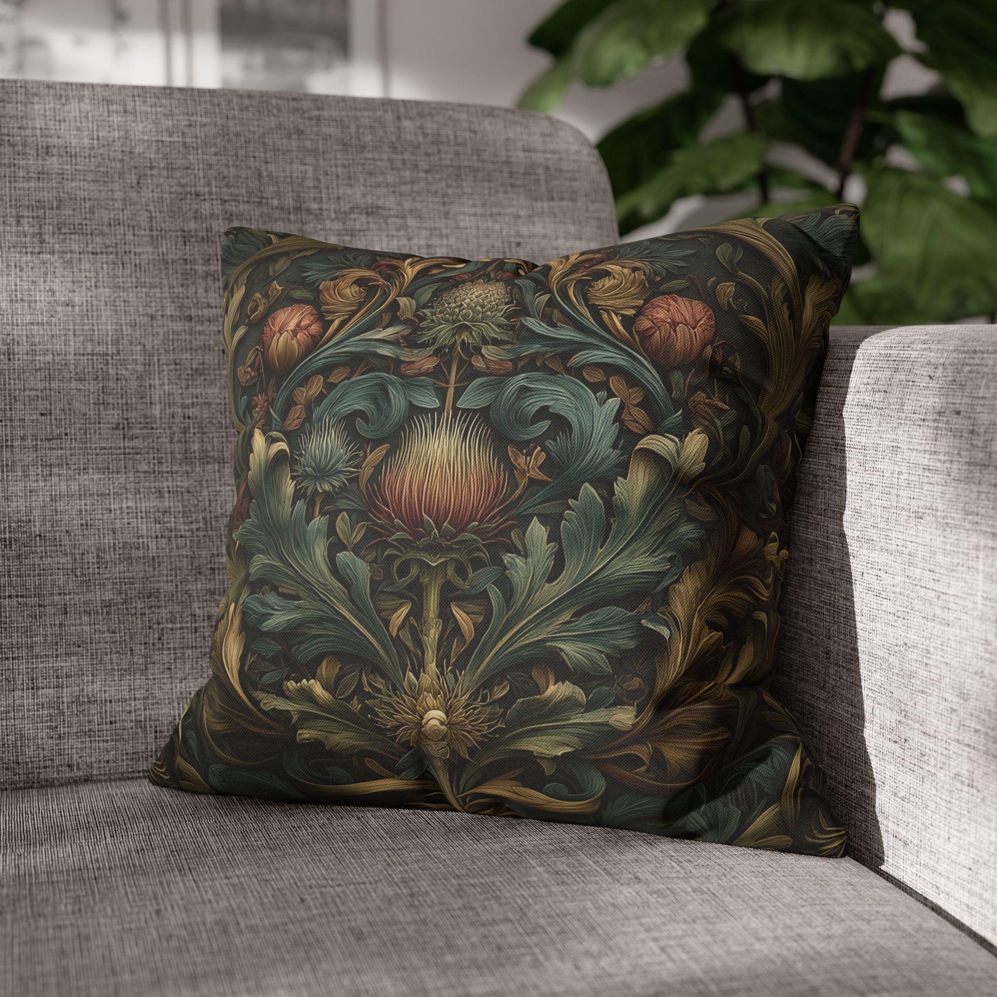 Midnight Morris Pillow Cover: Arts and Crafts Moody Blooms for Autumn