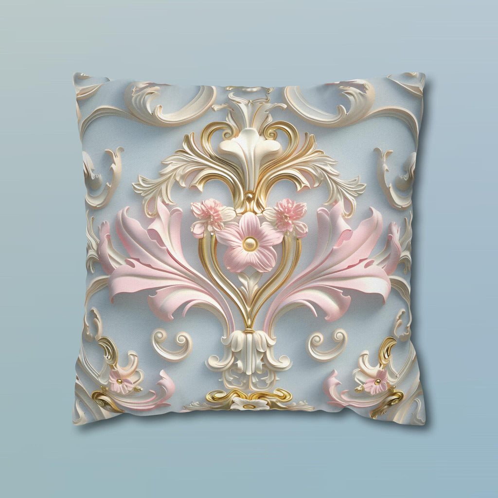 Rococo Pillow Cover: Pink Acanthus, Gold Motif, Blue-Grey Cushion