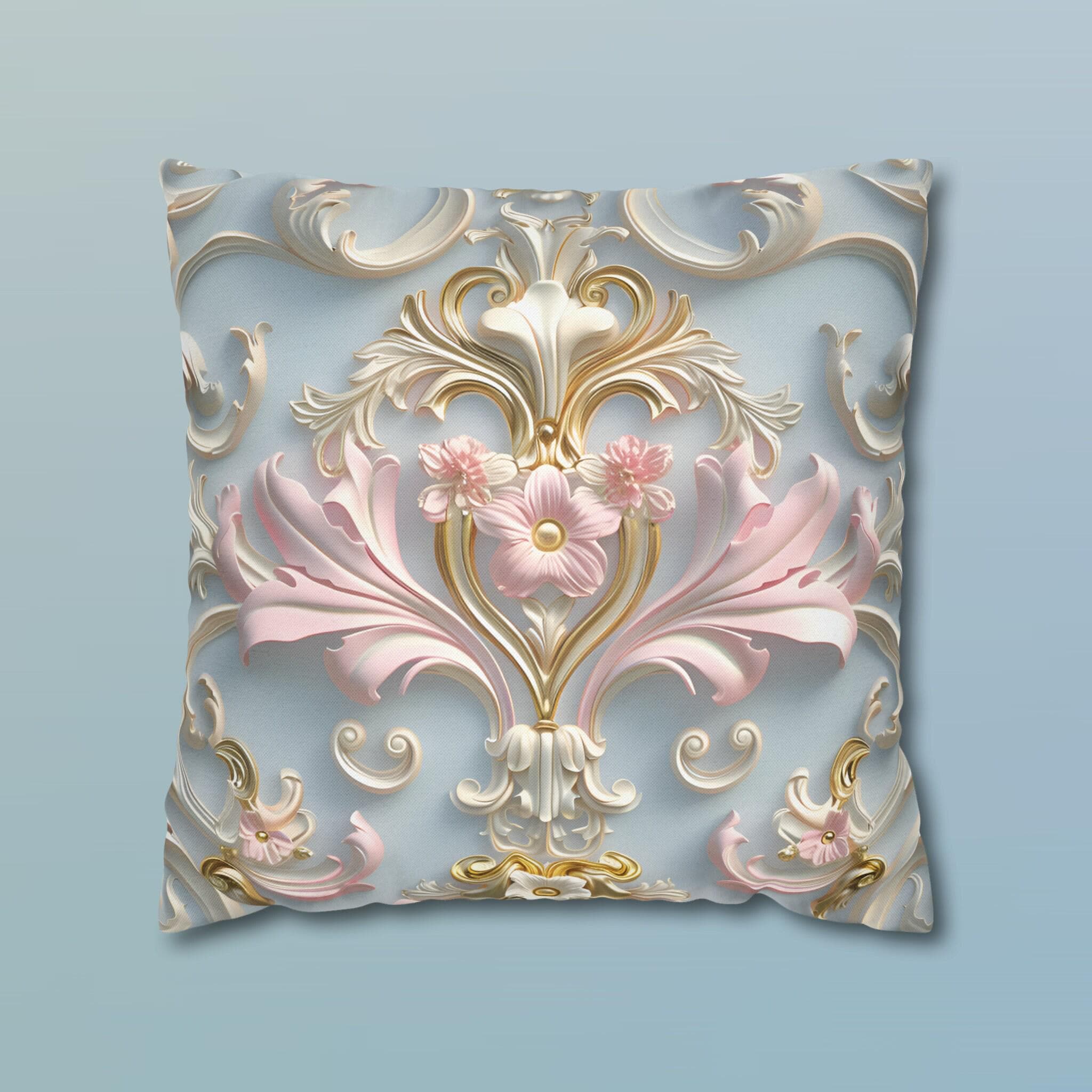 Rococo Pillow Cover: Pink Acanthus, Gold Motif, Blue-Grey Cushion