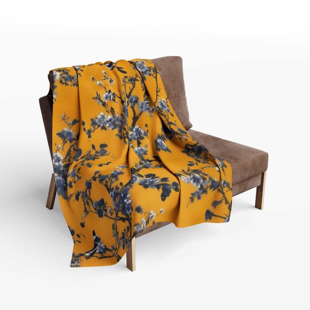 Elegant Chinoiserie Throw Blanket: Golden Yellow with Blue Blossom Branches, Asian-Inspired Home Accent