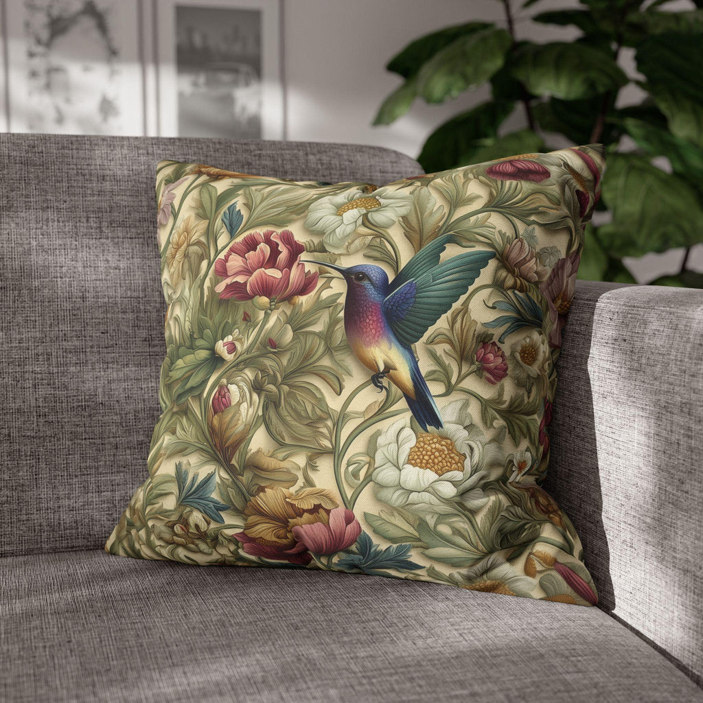 William Morris Inspired Botanical Pillow Cover: Vintage Style Hummingbird & Blooms