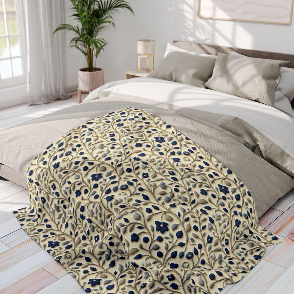 William Morris Fleece Throw: Navy Botanical Arts and Crafts Blanket