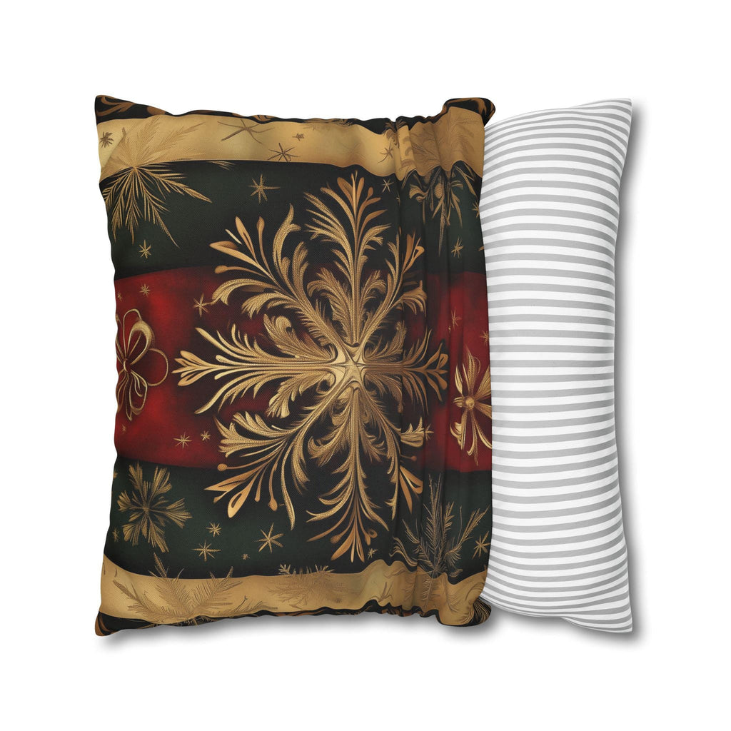 Elegant Holiday Snowflake Pillow Cover: Festive Red, Green & Gold Striped Christmas Decor for Home