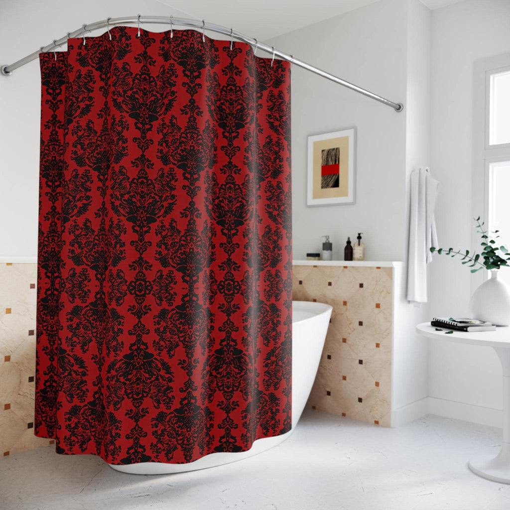 Elegant Gothic Damask Shower Curtain: Black & Crimson Vampire-Inspired Bath Decor for Romantic Ambiance