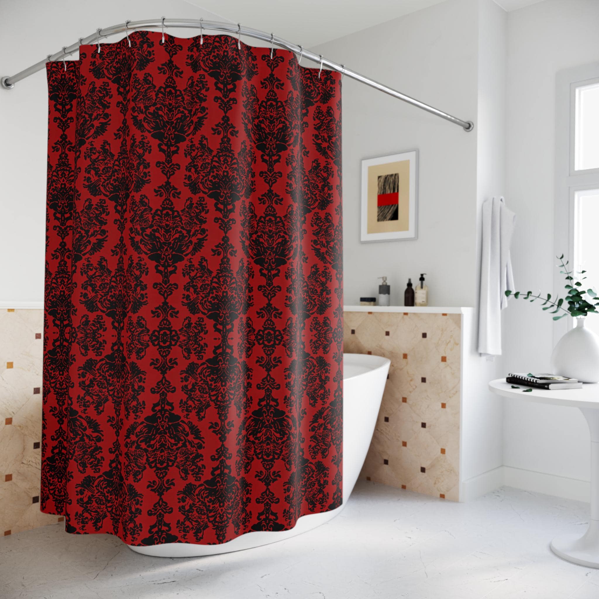 Elegant Gothic Damask Shower Curtain: Black & Crimson Vampire-Inspired Bath Decor for Romantic Ambiance