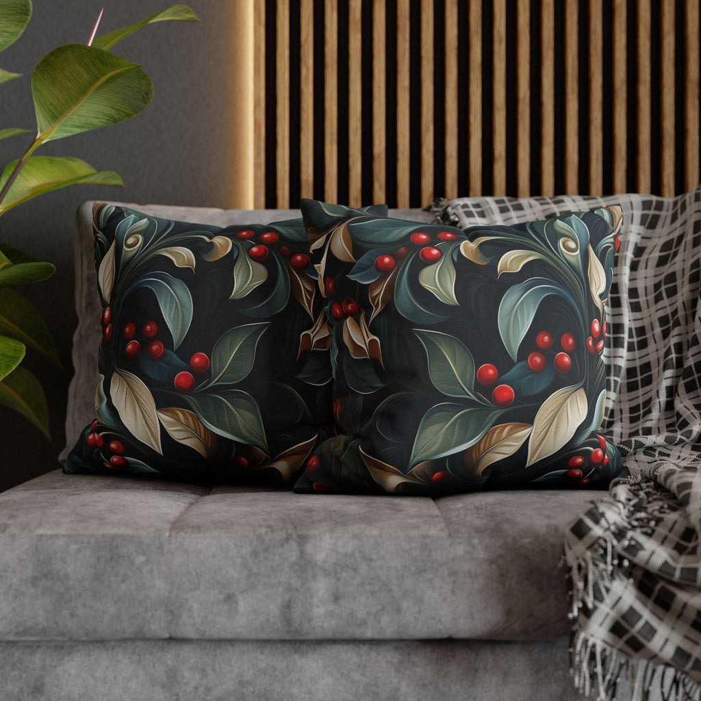 Christmas Botanical Square Pillowcase, Elegant Holly Leaves & Berries Design Cushion Cover