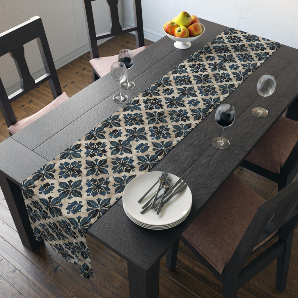 Moroccan Tile-Inspired Table Runner Geometric Pattern, Navy Blue Beige