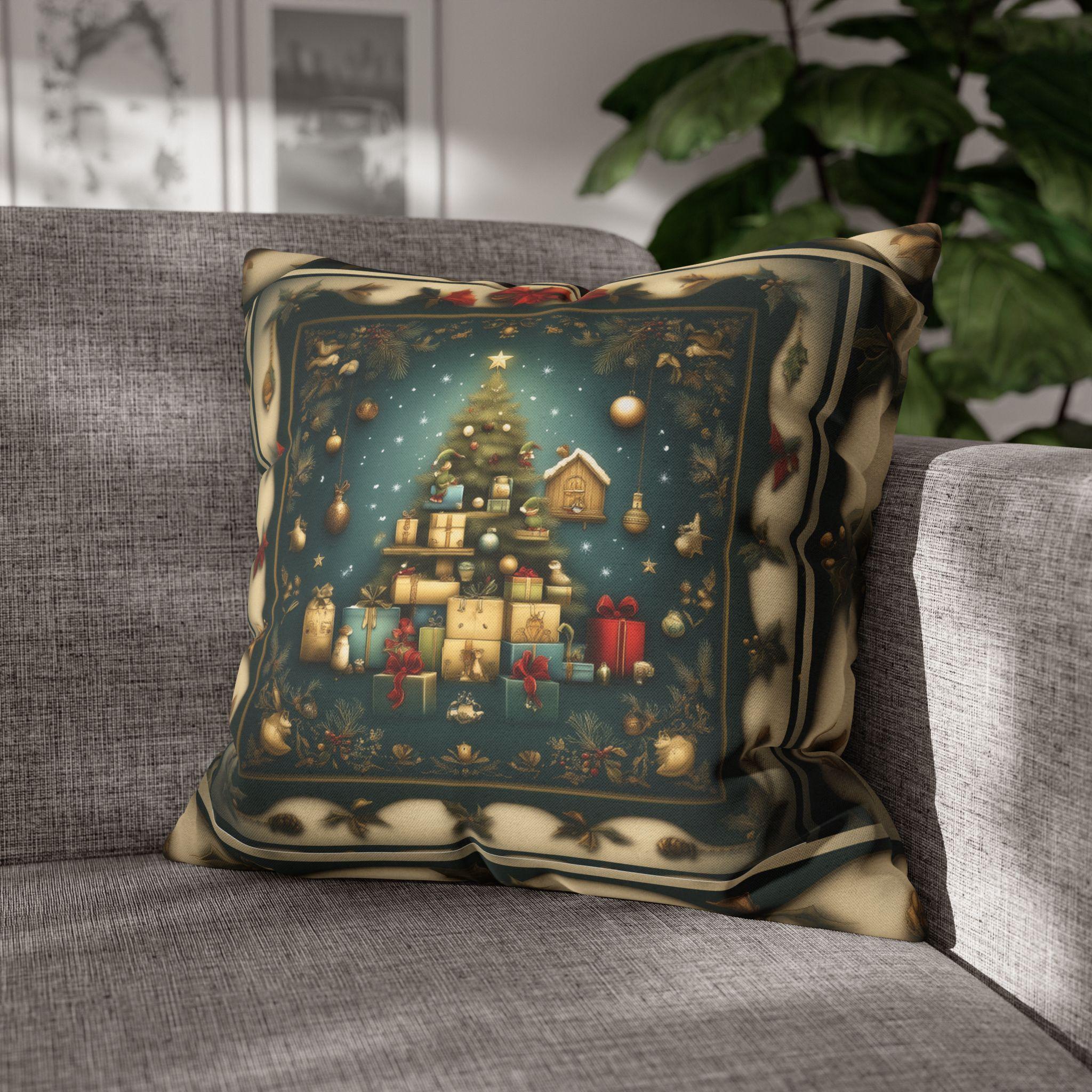 Vintage Style Holiday Pillow Cover: Storybook Christmas Tree & Gifts Design