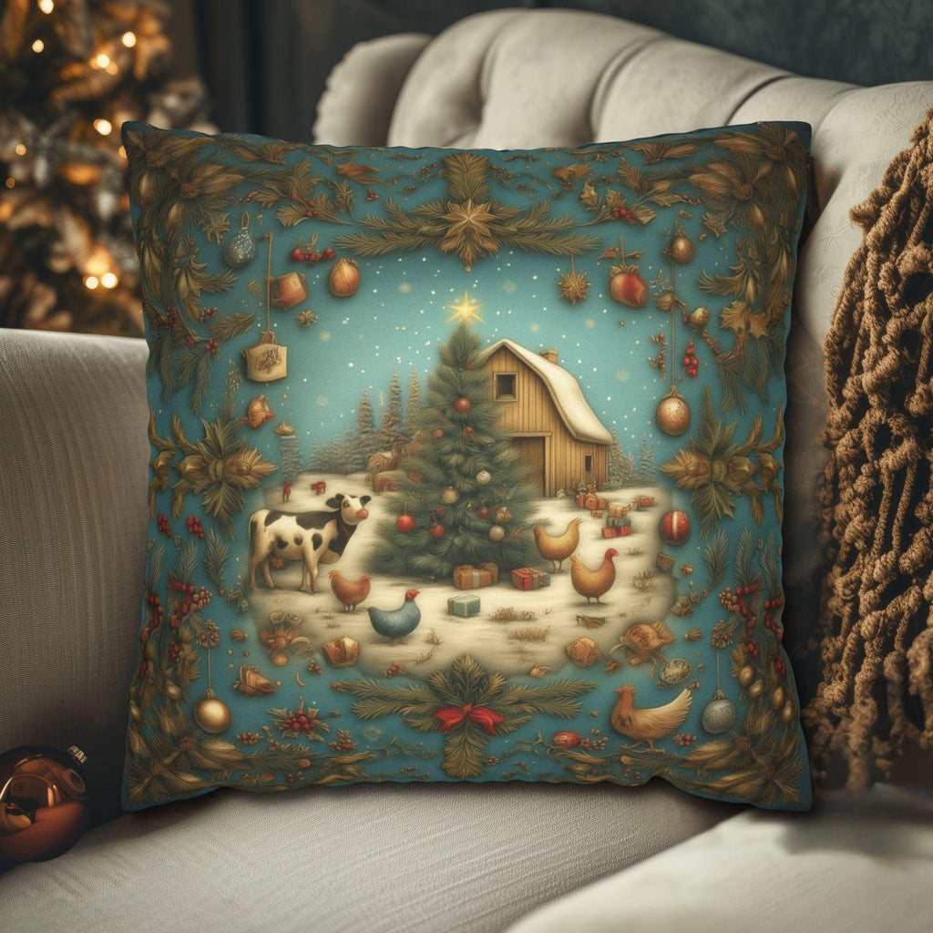 Country Christmas Farmhouse Pillow Cover: Barnyard Holiday Scene