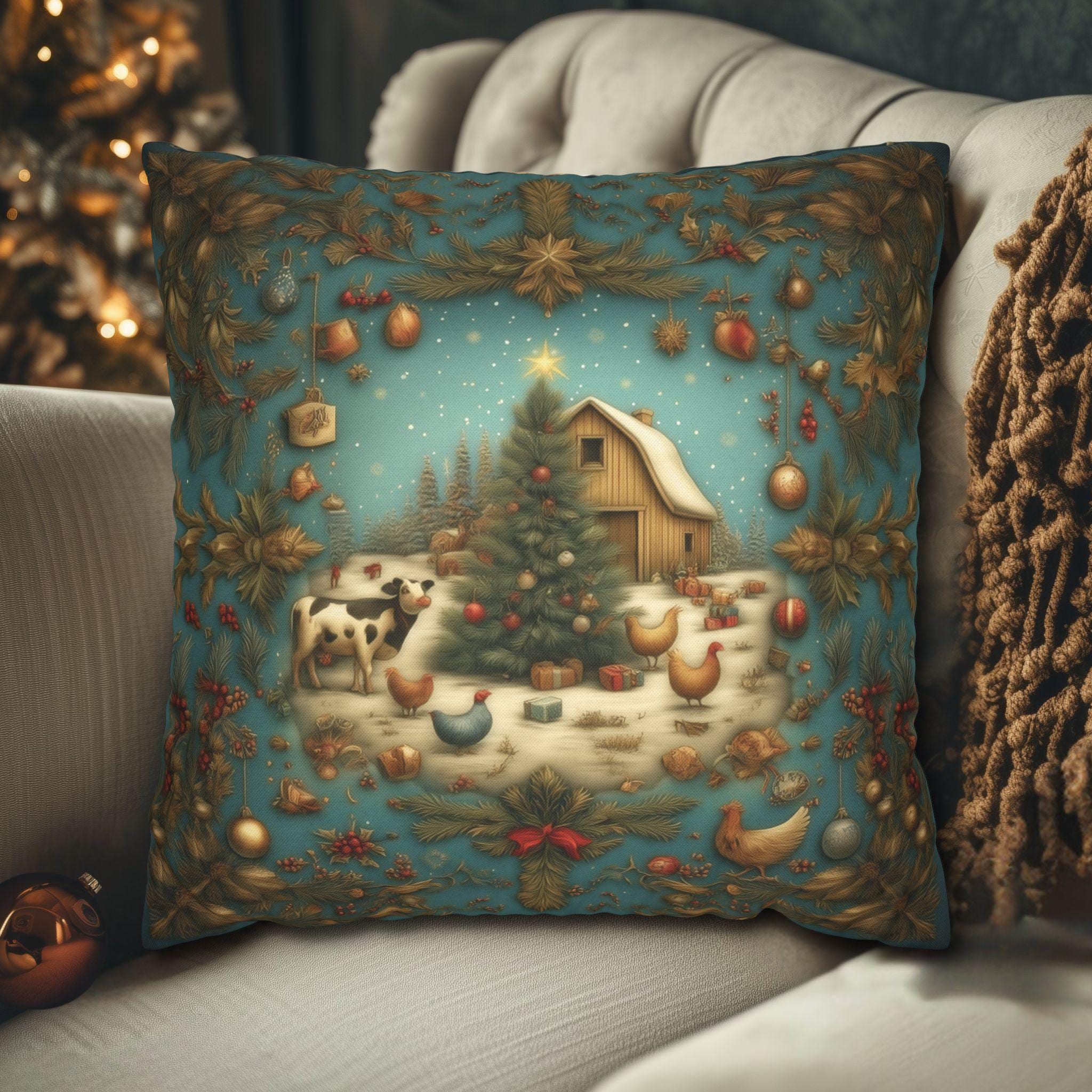 Country Christmas Farmhouse Pillow Cover: Barnyard Holiday Scene