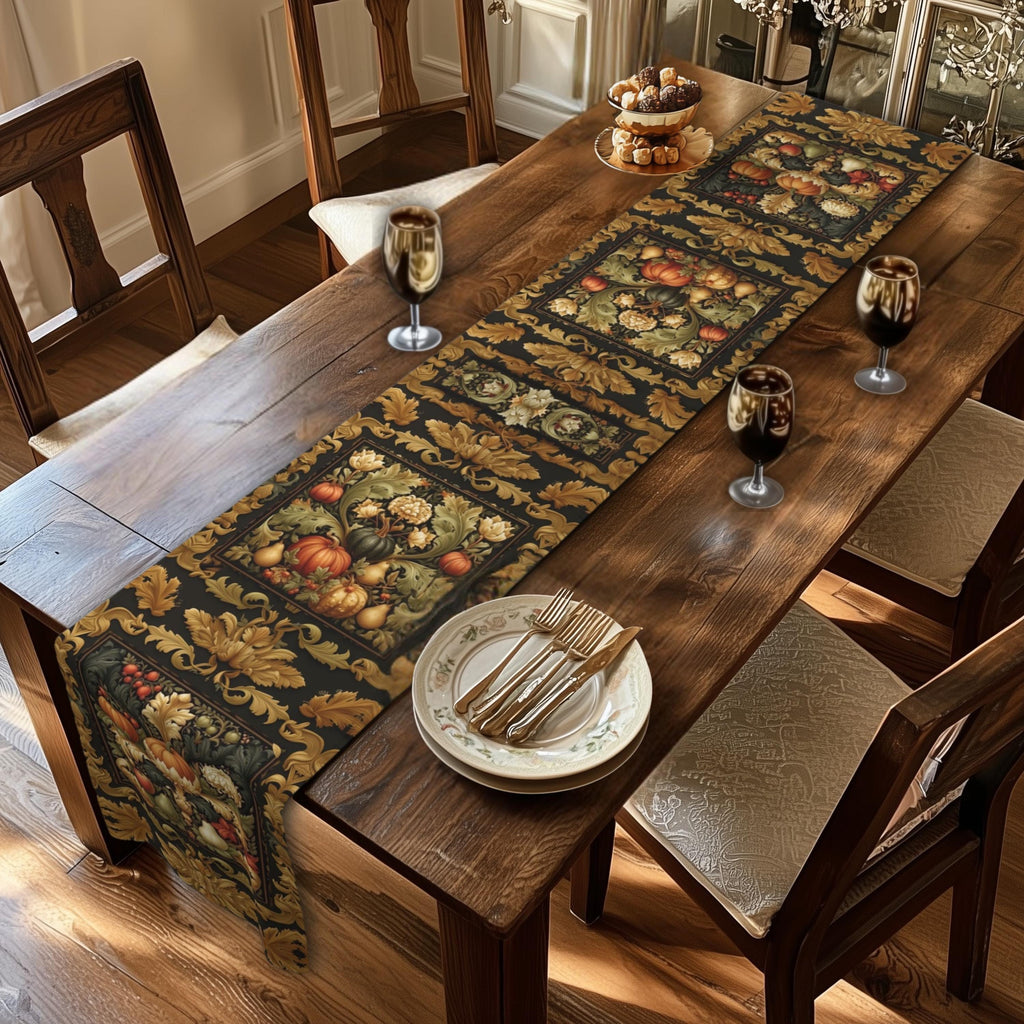William Morris Inspired Fall Table Runner: Vintage Harvest Tapestry in Deep Brown, Gold, & Rust