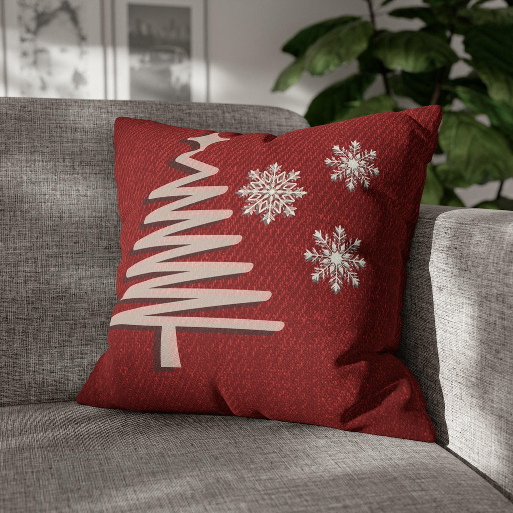 Rustic Elegance Pillow Cover: Beige Christmas Tree & Snowflakes on Red Textured Look Background