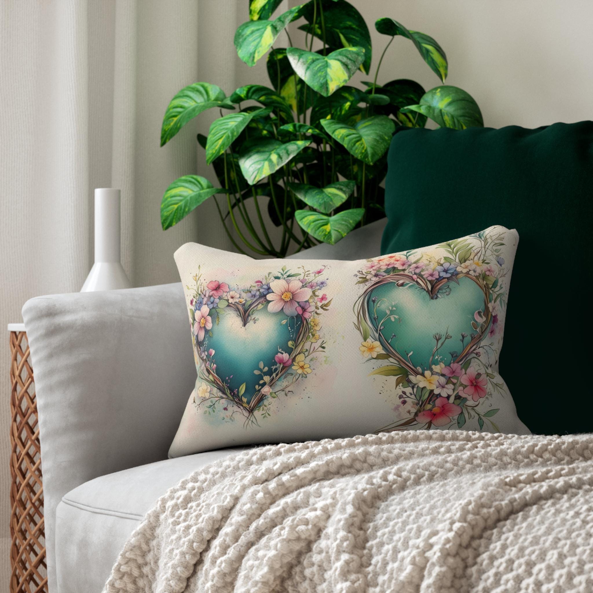 Floral Heart Wreath Lumbar Pillow: Romantic Home Decor Cushion